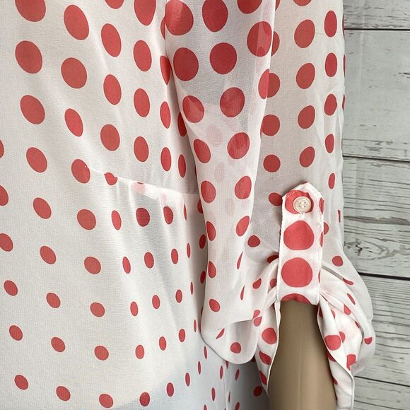I.N. Studio Blouse XL Sheer White Pink Polka Dot Roll Tab Sleeves - Picture 6 of 12